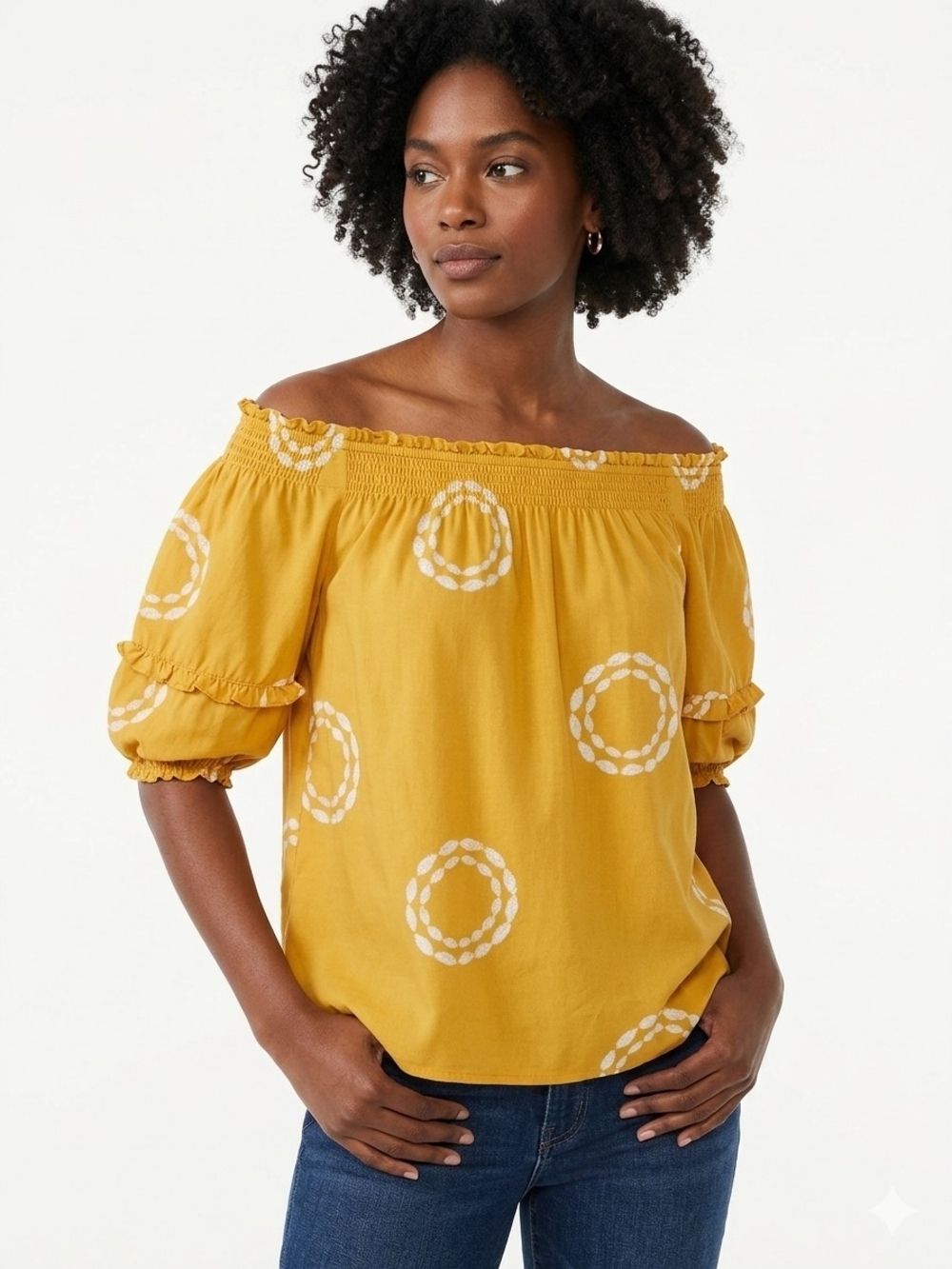 Millennium Mustard Yellow Boho Off-Shoulder Top 1X Rayon Ruffle Sleeve